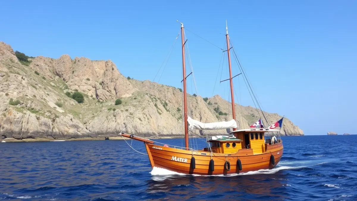 The Mater boat sailing near the Jaizkibel cliffs.