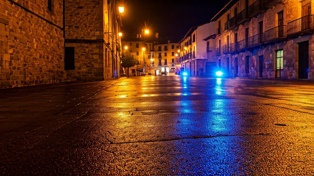 Irudi generikoa larrialdi-argien isla bustitako asfaltoan, euskal herri bateko plaza batean.