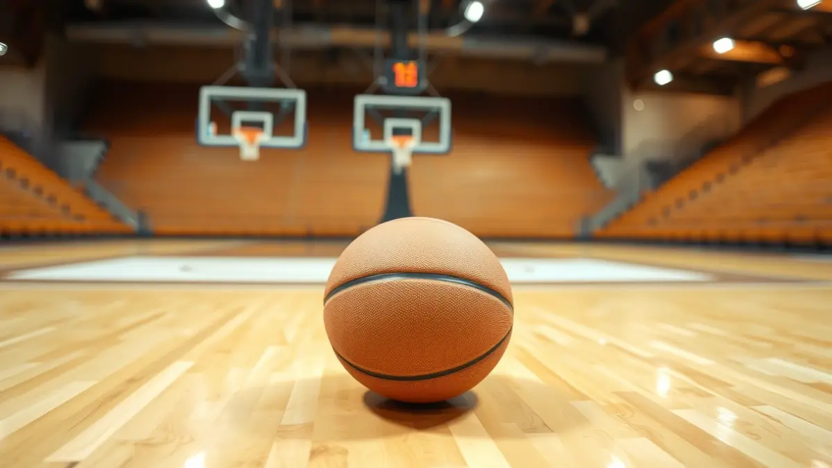 Generic image of a basketball on a polished court, with a blurred hoop in the background.