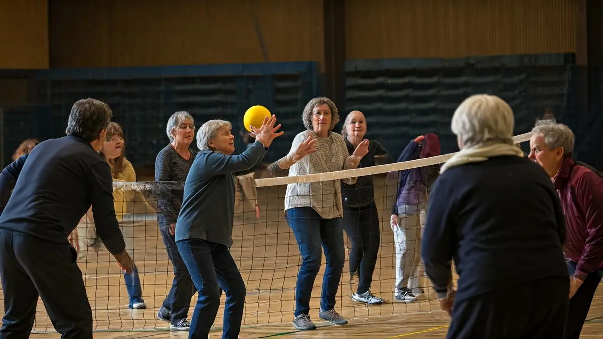 Irudi generikoa hartubol jokoan ari den jende talde batena, kirol areto batean.