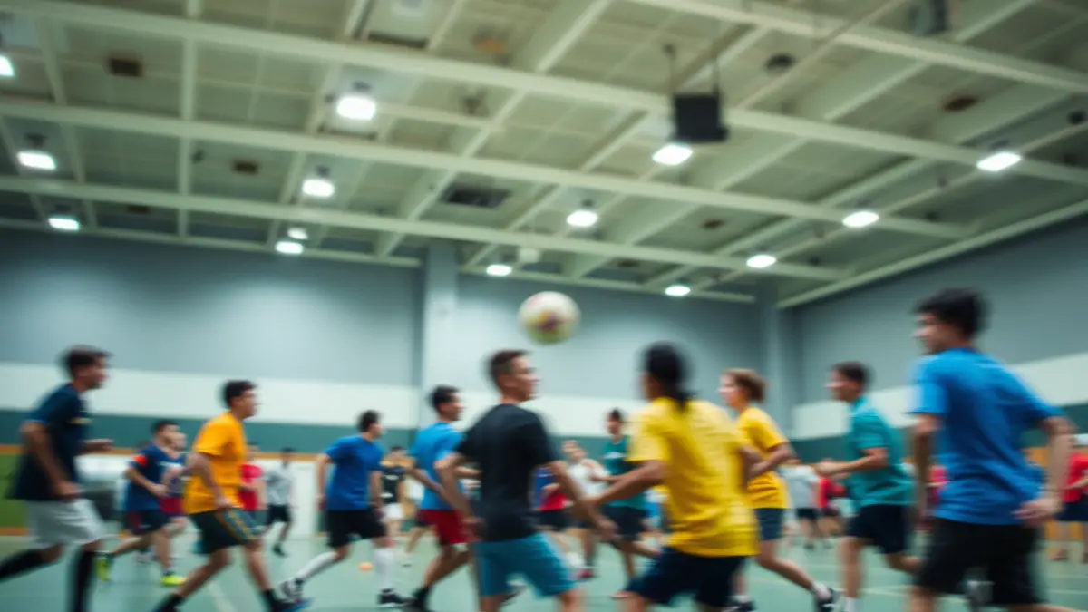 Irudi generikoa kirol areto batean hartubol jokoan ari den jende talde batena.