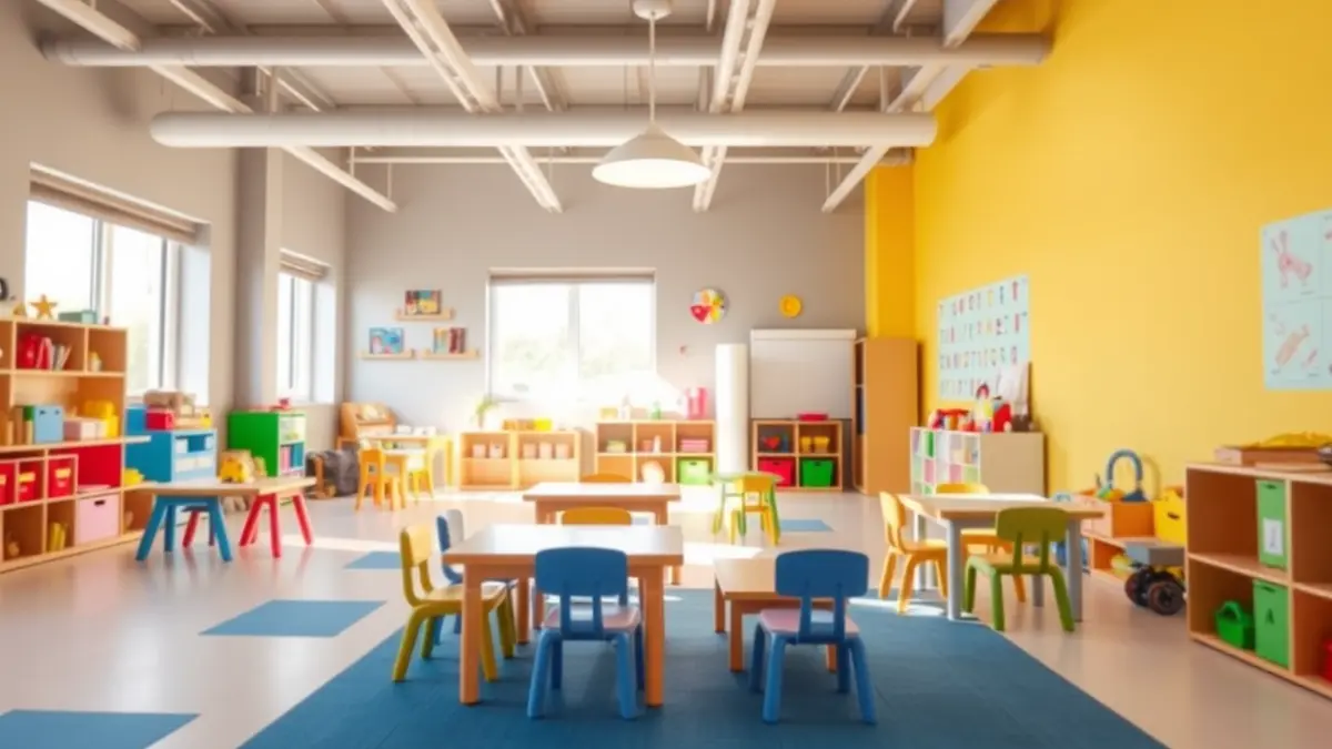 Haurreskola baten irudi generikoa, haurrentzako altzariekin eta jostailuekin.