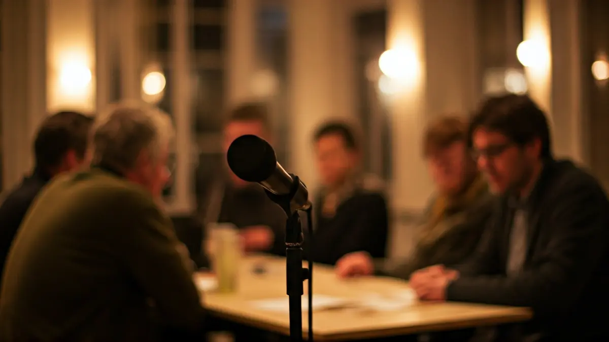 Generic image of a small group of people discussing around a table, with a microphone in the foreground.