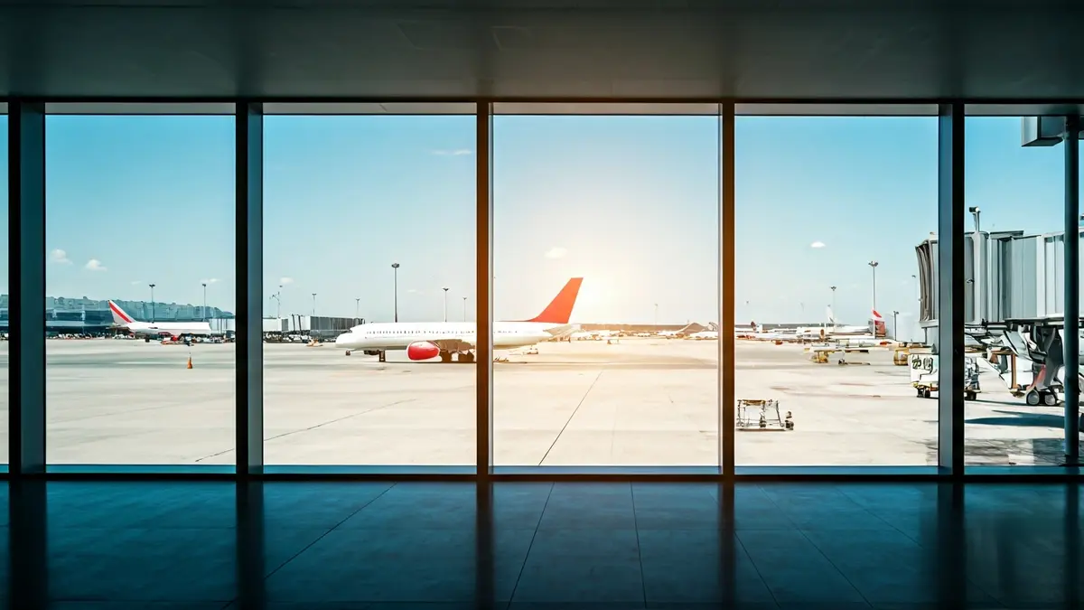 Irudi generikoa aireportu terminal baten barrualdekoa, hegazkinak pistetan ikusten direla.