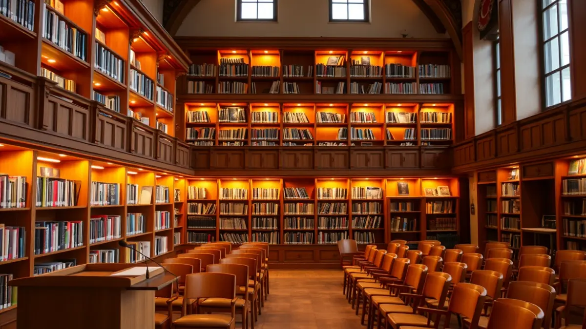 Irudi generikoa liburutegi baten barrualdea, mikrofono batekin eta aulki hutsekin.