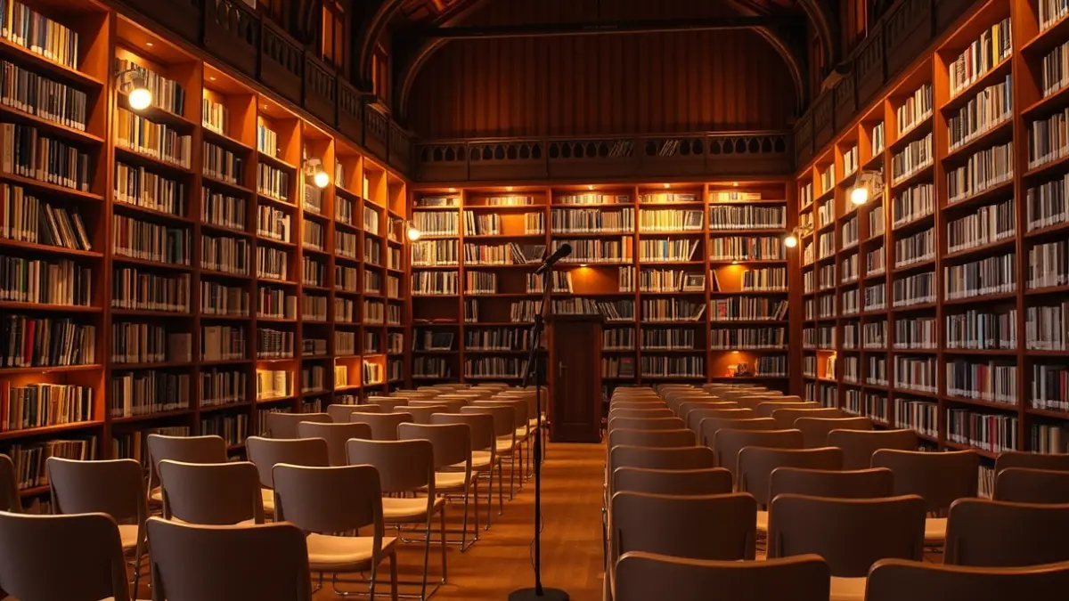Imagen genérica del interior de una biblioteca, con un micrófono y filas de sillas.