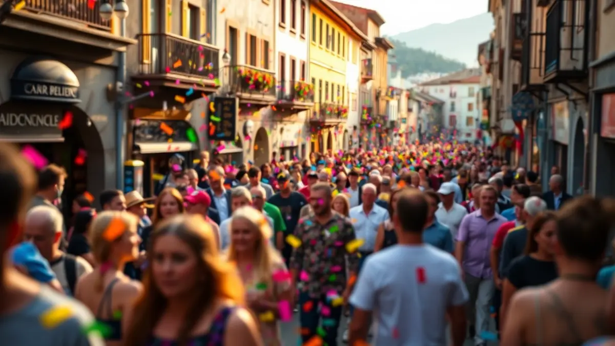 Generic image of a street parade with crowds and confetti in a Basque town.