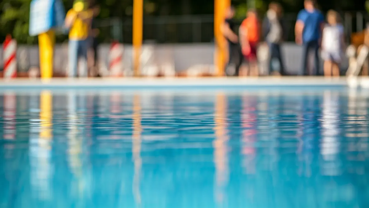 Irudi generikoa igerileku baten ertzean, ur urdin argiarekin eta atzealde lausoan eraikuntza-lanekin.