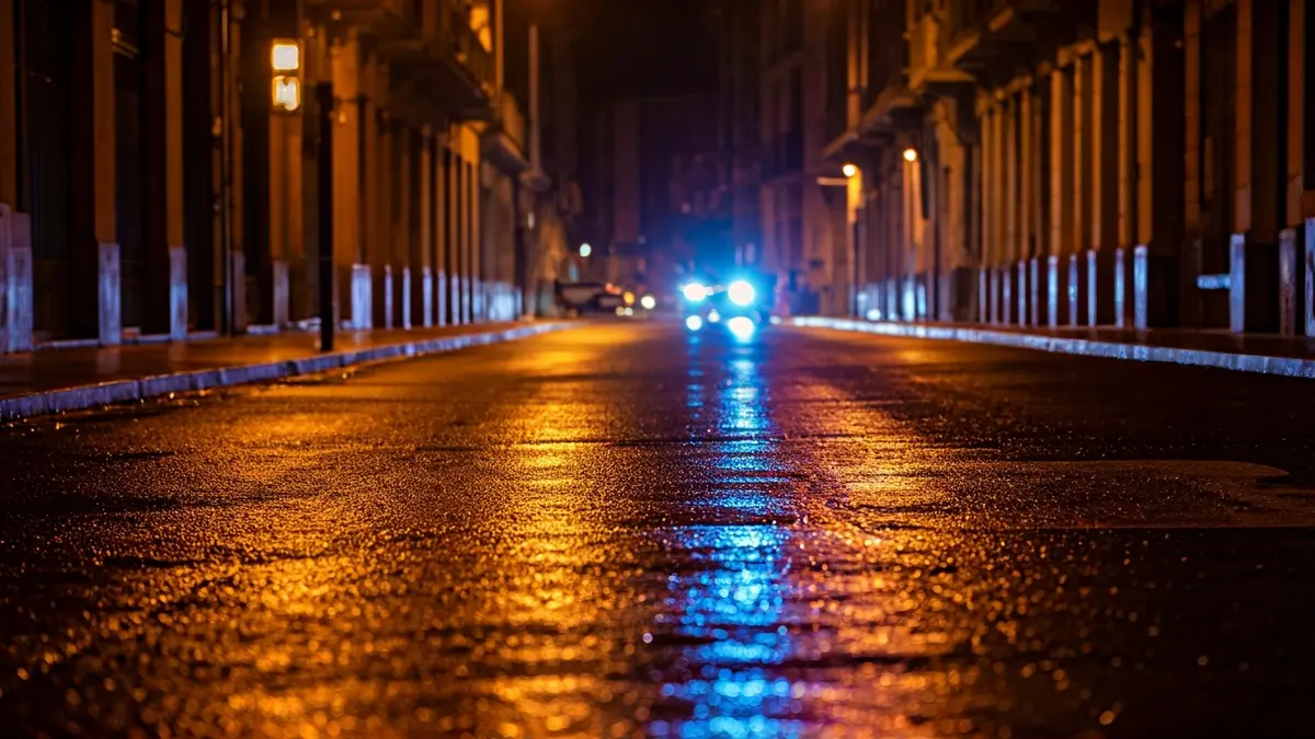 Irudi generikoa poliziaren argi urdin eta gorriekin asfalto hezean islatuta, gauez.