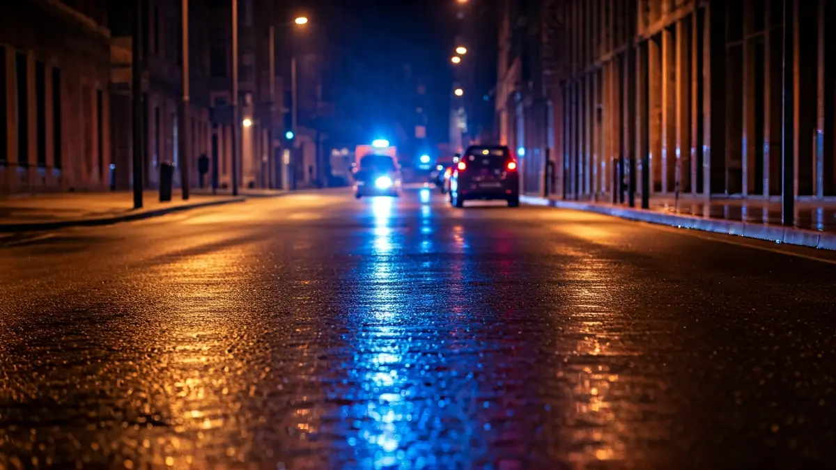 Irudi generikoa: Larrialdi-argi urdin eta gorriak asfalto hezean islatzen dira gauez.