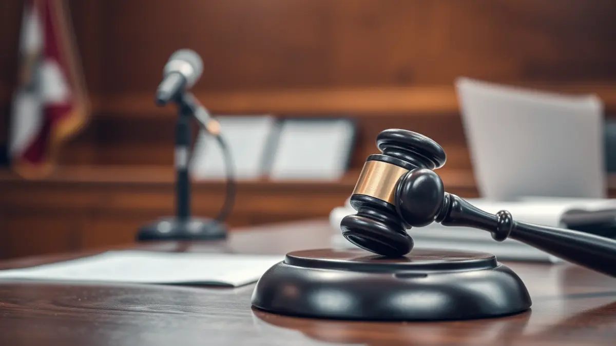 Judge's gavel on a wooden desk in a courtroom, with blurred legal documents in the background.