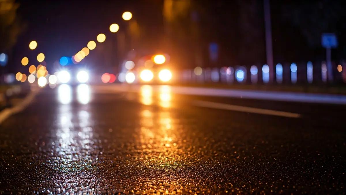 Irudi generikoa: Larrialdi-argiak asfalto hezean islatzen dira gauez, errepide baten atzealde lausoarekin.