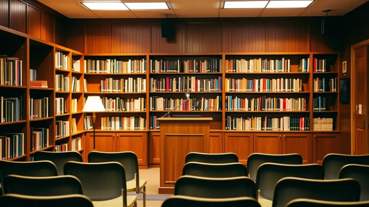 Imagen genérica de una sala de conferencias en una biblioteca, con sillas vacías y un podio con micrófono.