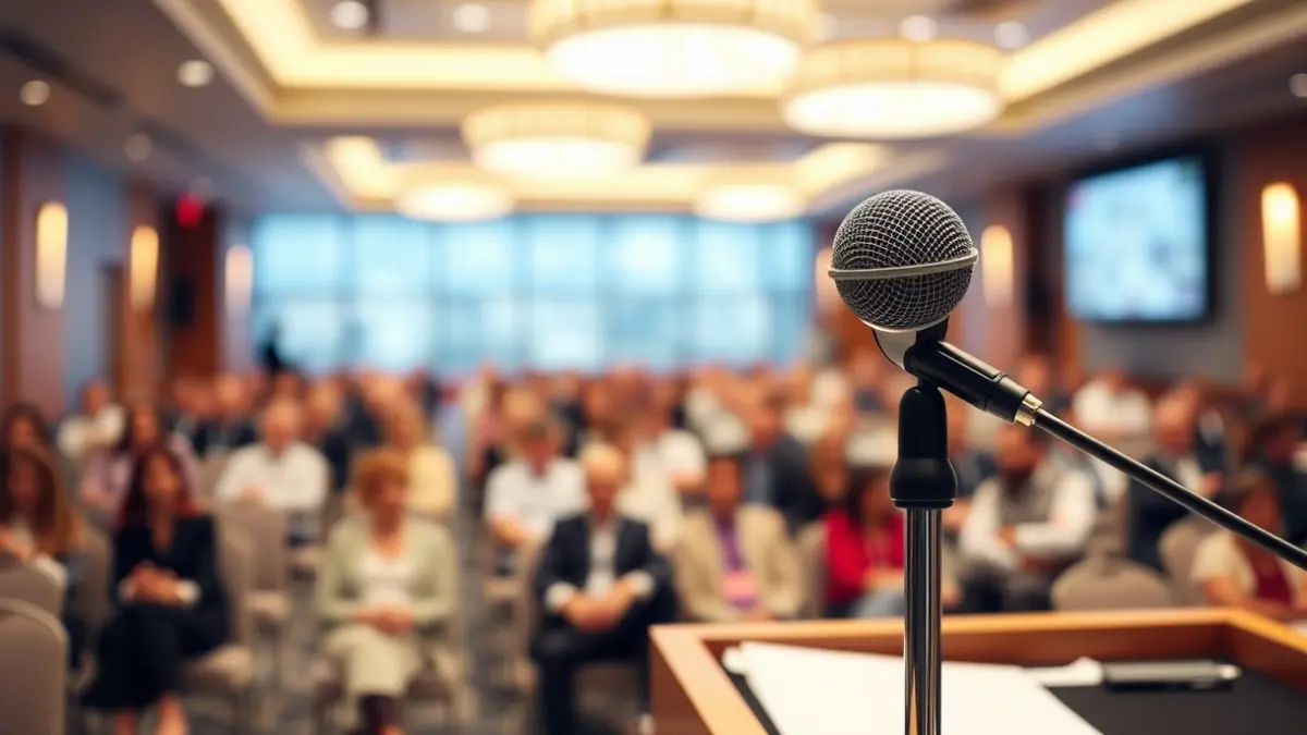 Imagen genérica: un micrófono en un podio en una sala de conferencias.