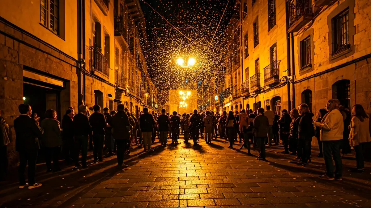 Irudi generikoa, jai giroko kale bat erakusten duena, jende lausoarekin eta argi epelarekin.