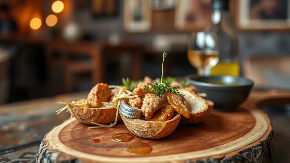 Generic image of a medieval-inspired pintxo, presented on a rustic wooden board.