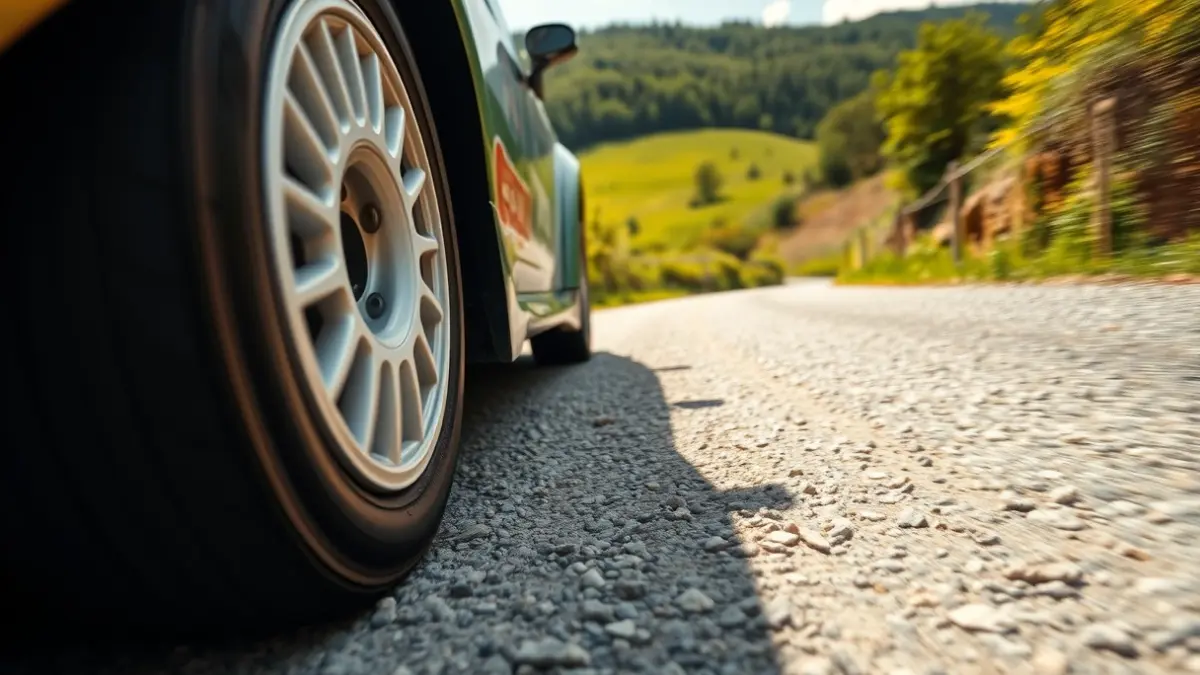 Imagen genérica de un neumático de coche de rally en una carretera de grava.