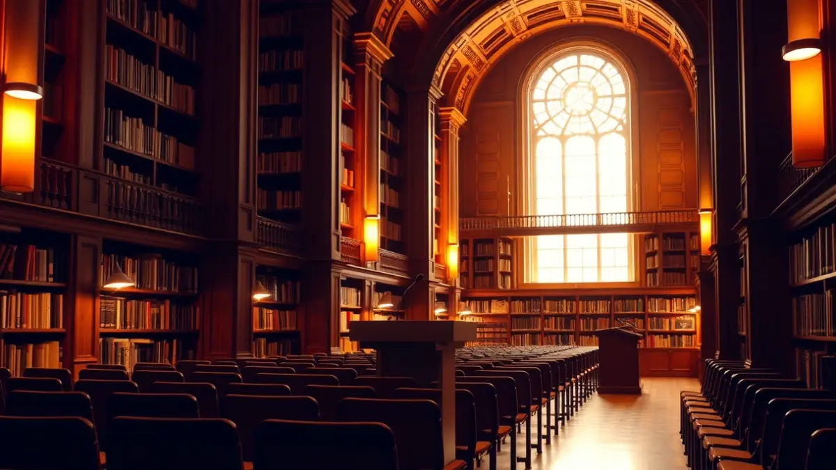 Generic image of a library interior with a microphone on a podium and empty chairs.