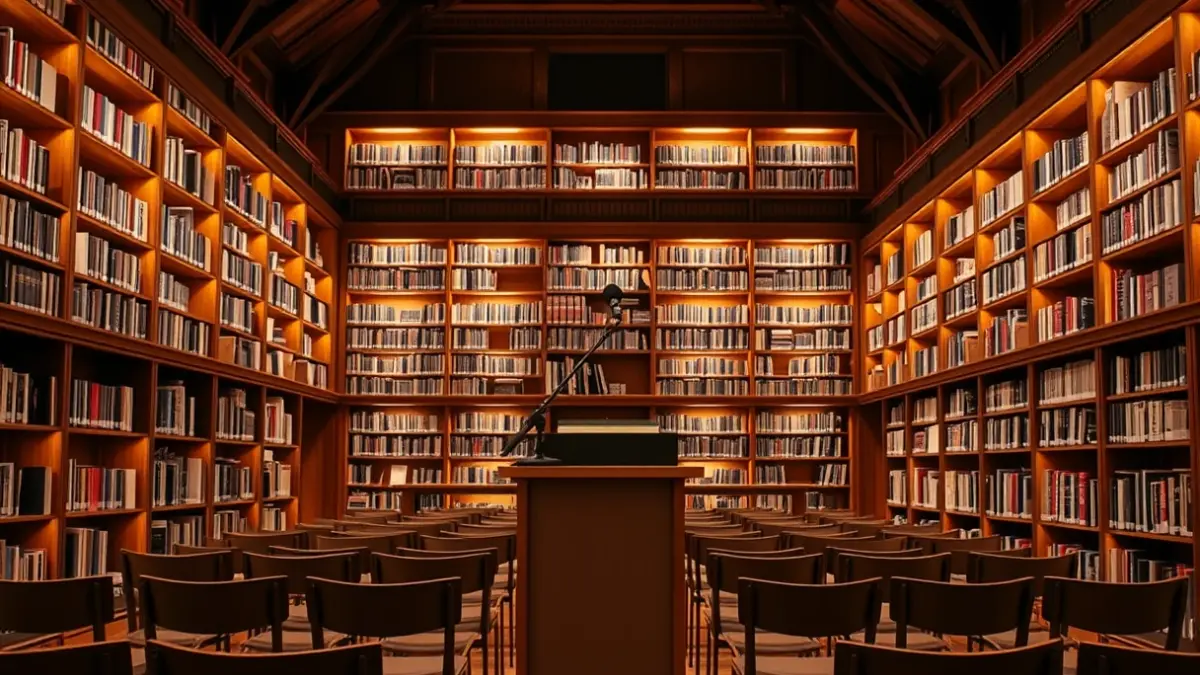 Generic image of a book presentation, with a microphone and empty chairs in a hall.