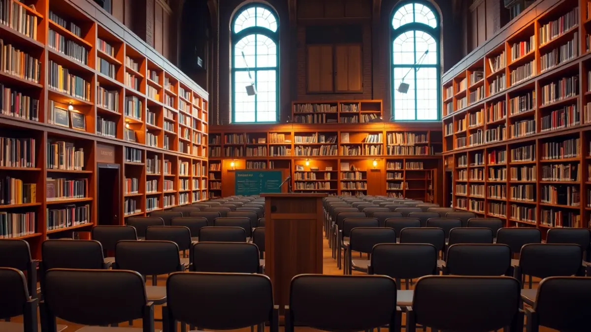 Irudi generikoa liburutegi baten barrualdekoa, mikrofono batekin eta aulki ilarekin.