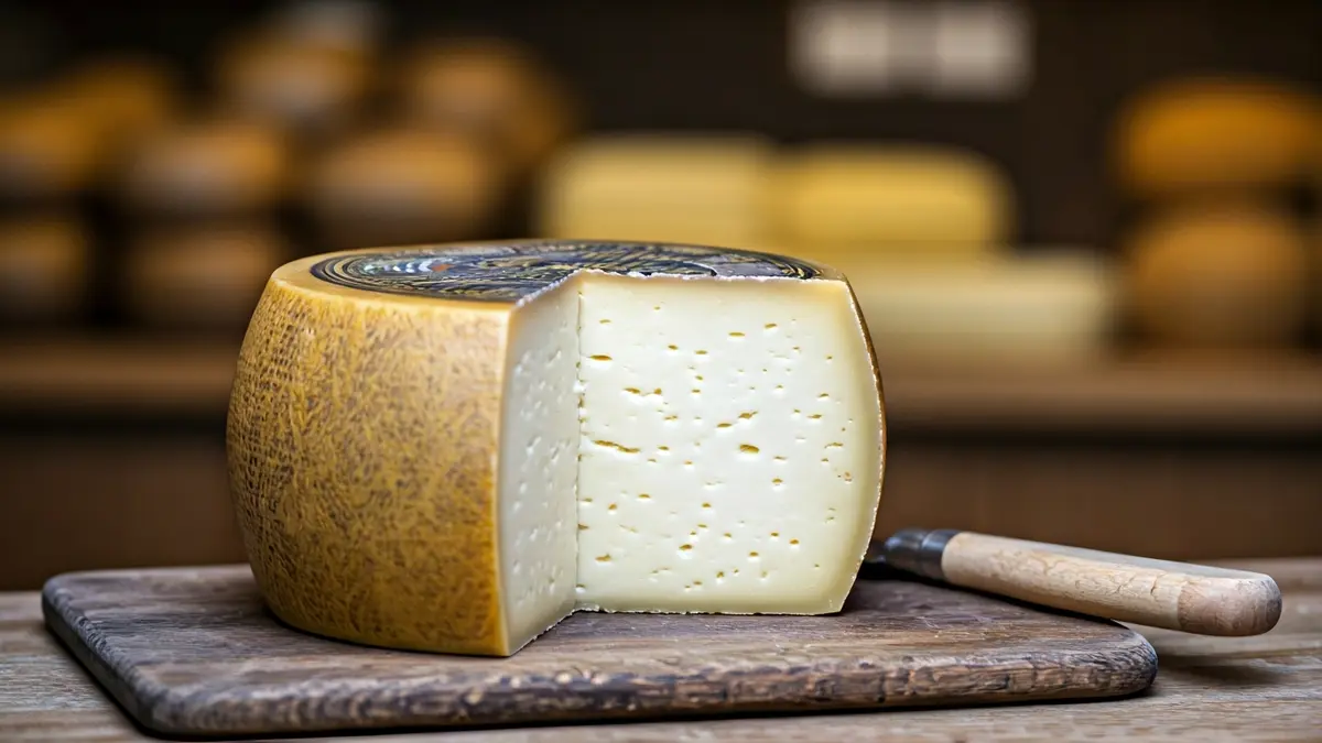 Idiazabal gazta gurpil bat, ebakita, egurrezko ohol baten gainean, gazta labana batekin.