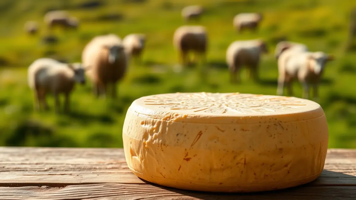 Generic image of an Idiazabal cheese wheel on a wooden table.