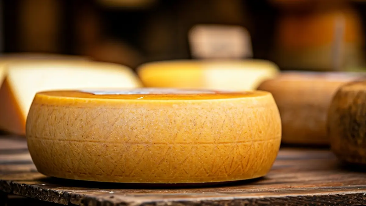 Generic image of an Idiazabal cheese wheel, with blurred artisan crafts in the background.