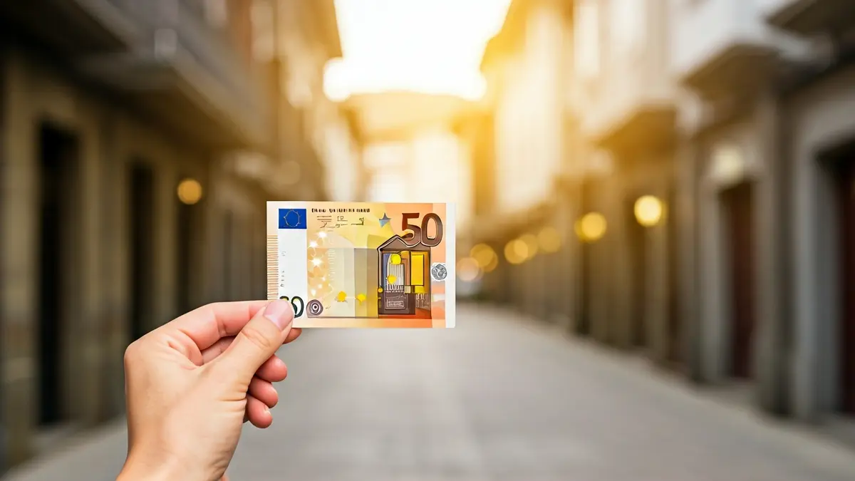 Irudi generikoa: 50 euroko opari txartela esku batean, Legazpiko kale baten atzealde lausoarekin.