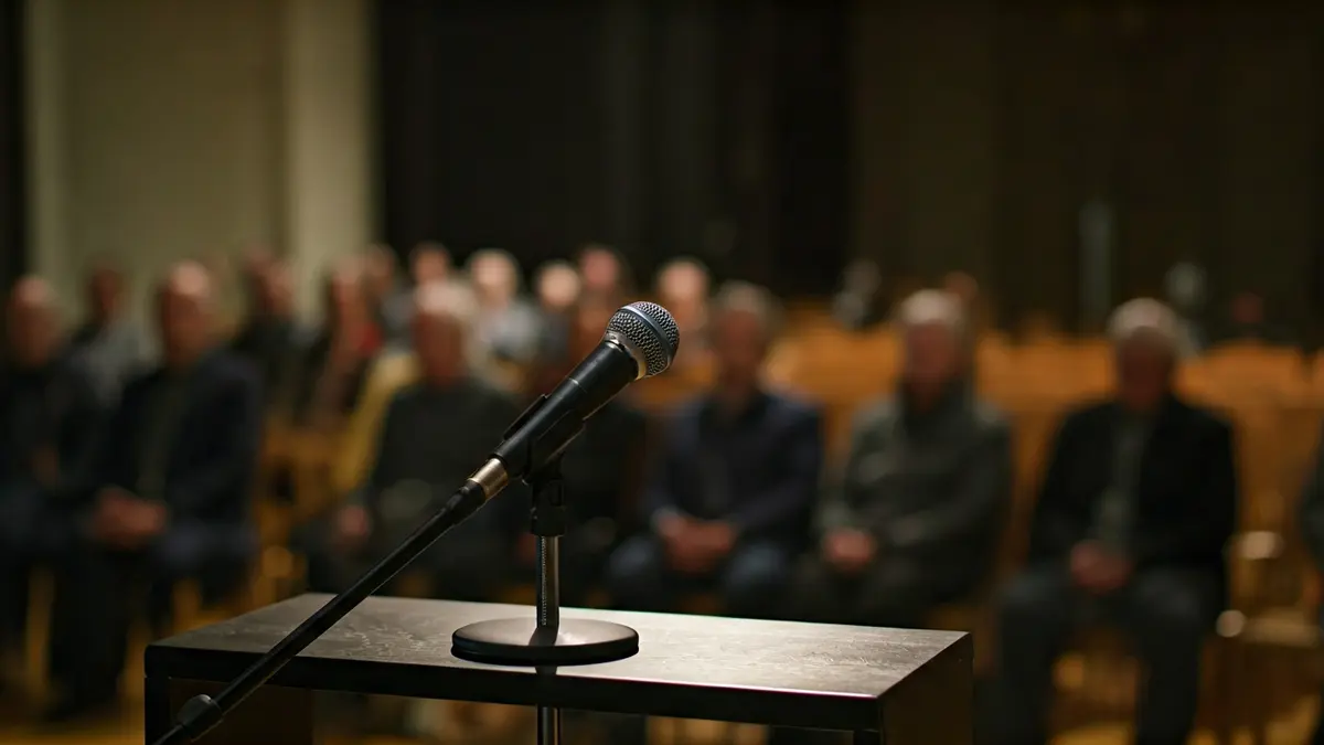 Generic image of a microphone on a podium, in an empty cultural center hall.