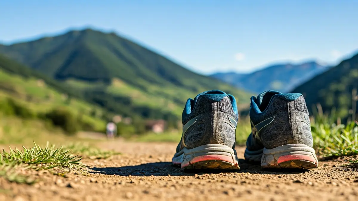 Generic image of a runner's feet in a mountain race, with green mountains in the background.