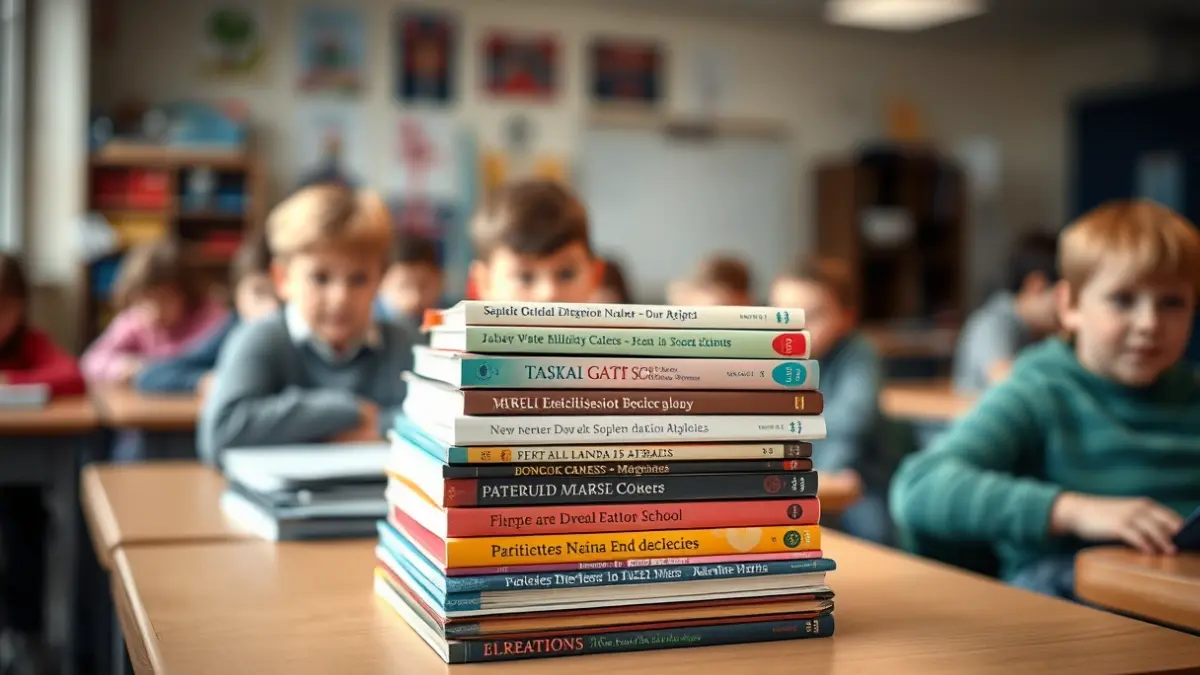 Liburu pilo bat duen ikasgela baten irudi generikoa, hezkuntza-testuingurua irudikatzen duena.