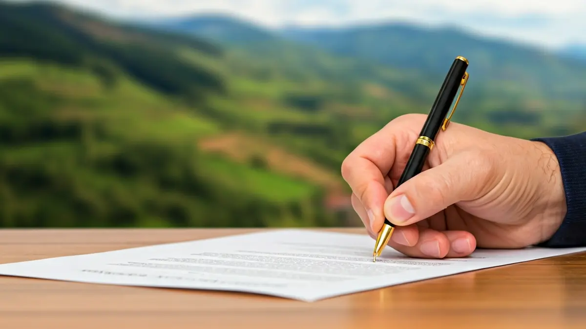 Imagen genérica de una mano firmando un documento, con un paisaje verde de Euskadi de fondo.