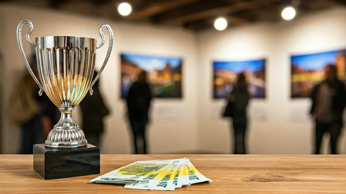 Generic image of photography contest awards, showing trophies and money.