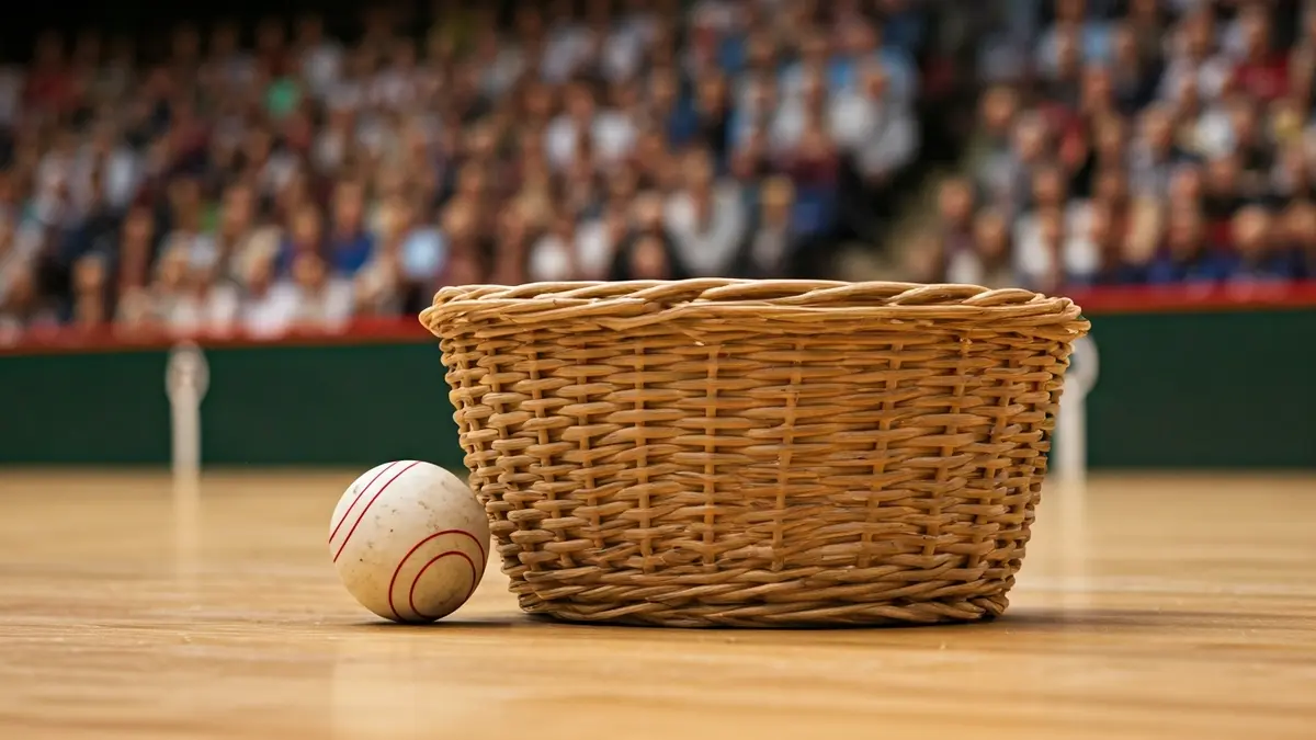 Imagen genérica de una cesta punta y una pelota en una cancha de pelota vasca.