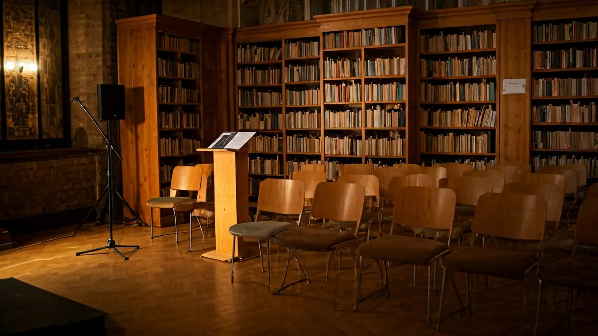 Imagen genérica de una sala de presentación en una biblioteca, con un micrófono y sillas vacías.