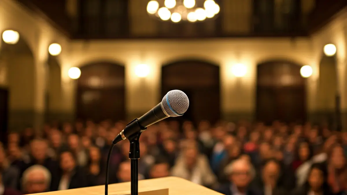 Generic image of a speaker at a microphone, representing a talk on language and immigration.
