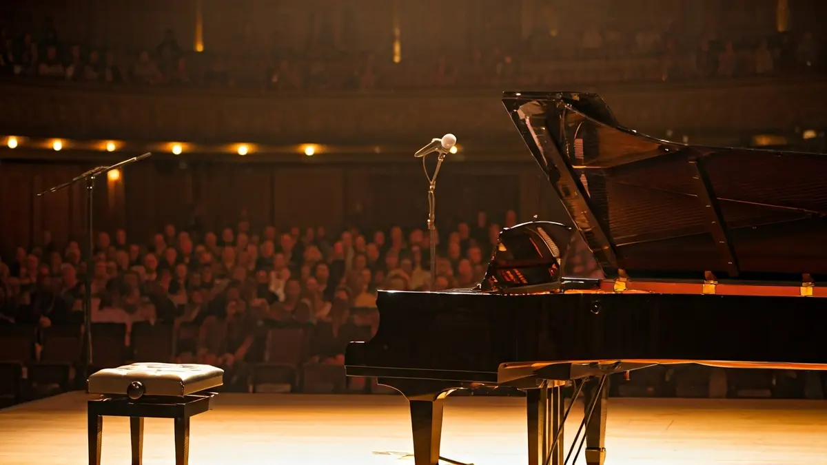 Irudi generikoa kontzertu areto bateko piano baten, argi epelarekin.