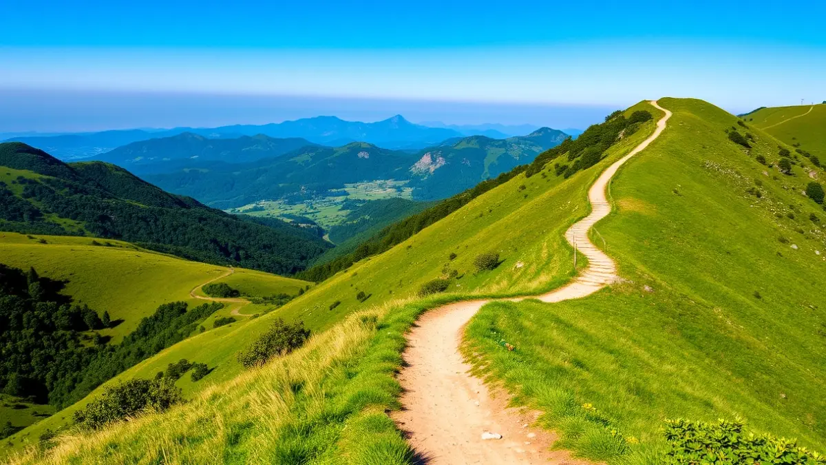 Generic image of a mountain trail in the Basque Country, with green landscape and blue sky.