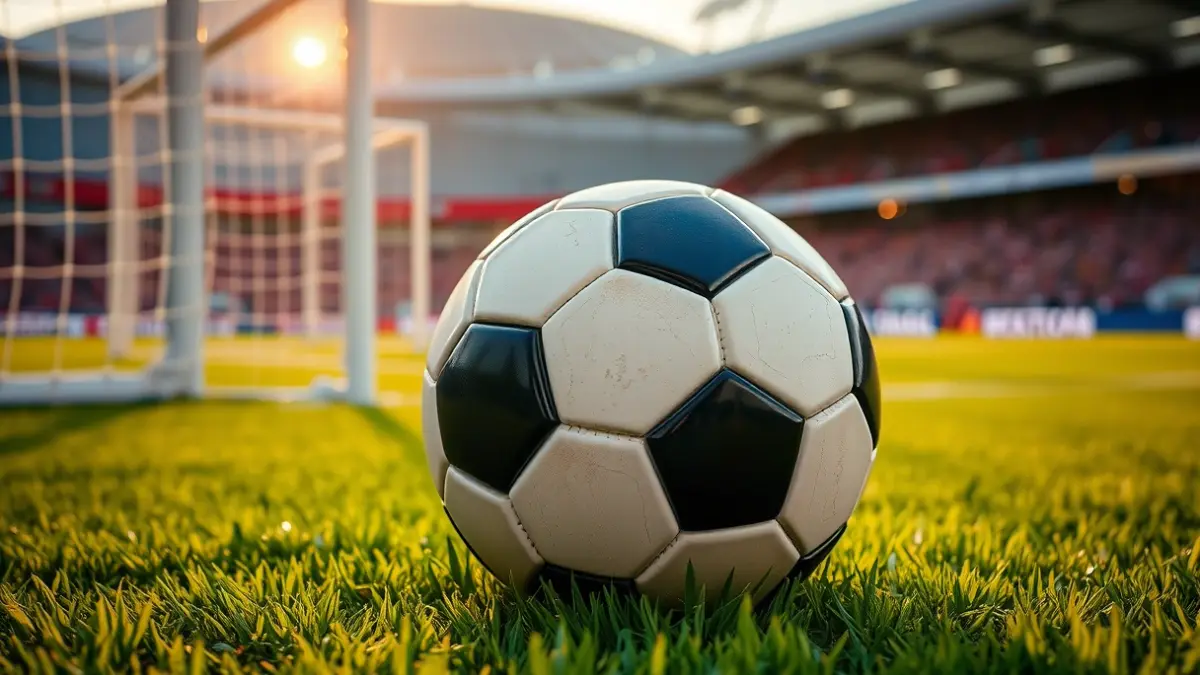 Irudi generikoa futbol baloi bat zelai berdean, atzealdean ate sare lausoa duela.