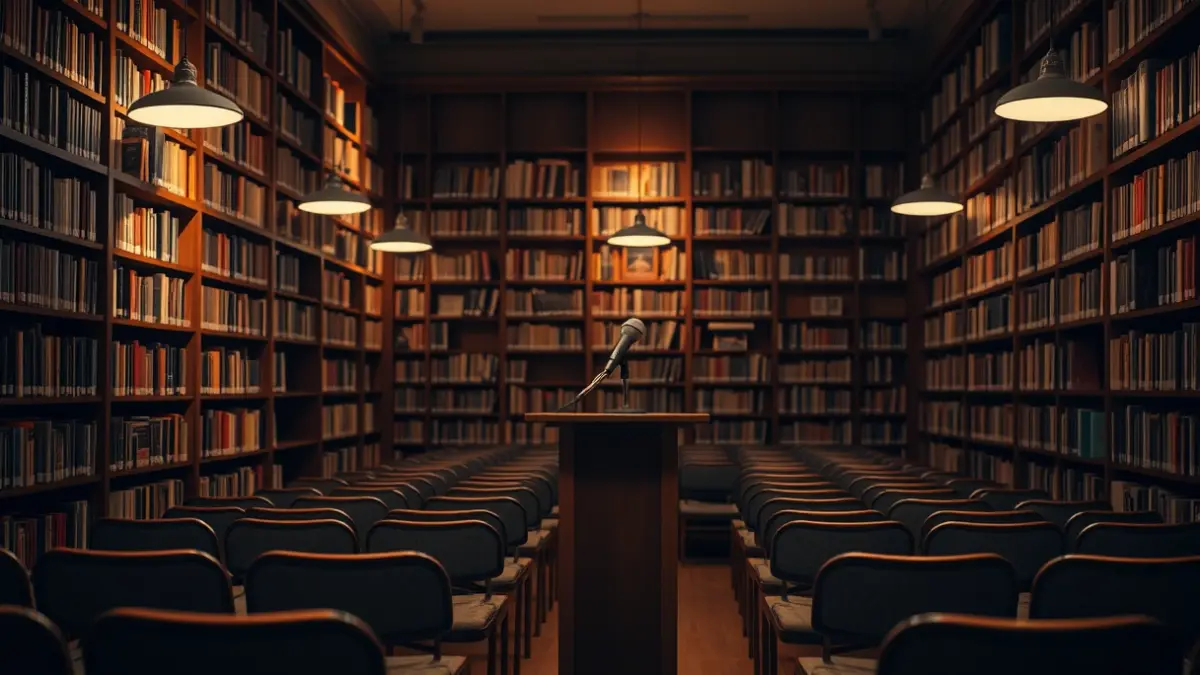 Generic image of a library interior with wooden bookshelves and a microphone.