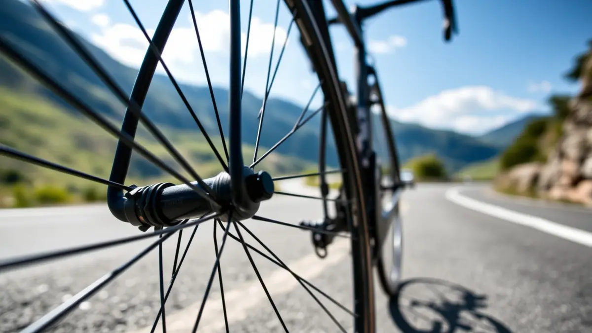 Primer plano de la rueda y el cuadro de una bicicleta de carretera profesional, con un fondo difuminado de una carretera de montaña escénica en el País Vasco.