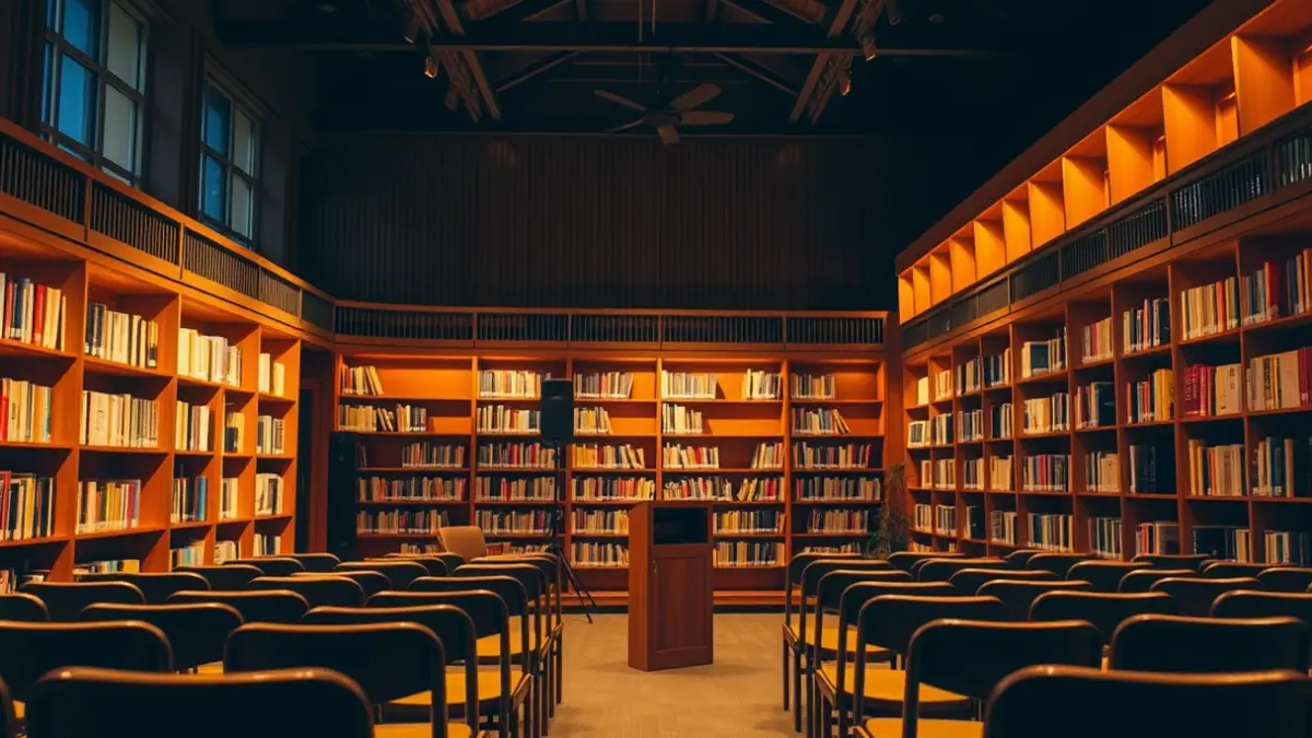 Irudi generikoa ipuin-kontaketa tailer baten girokoa, liburutegi batean mikrofono bat eta aulki hutsak agertzen direla.