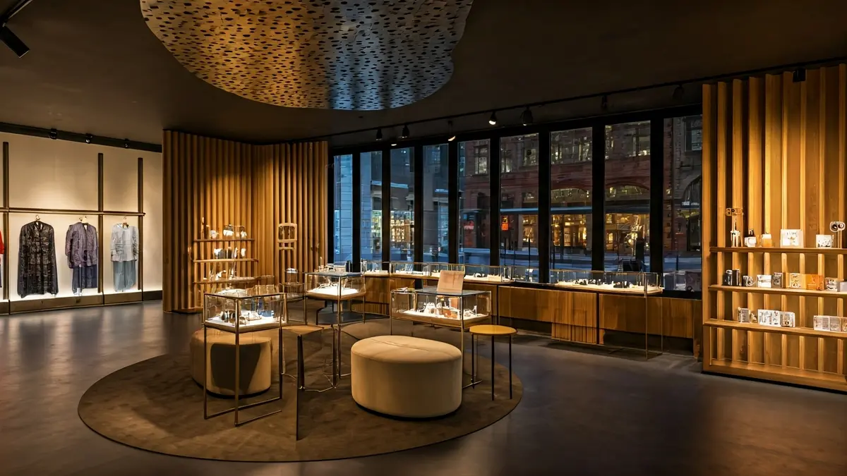 Irudi generikoa, boutique moderno baten barrualdea, argiztapen epelarekin eta produktu-erakusketekin.