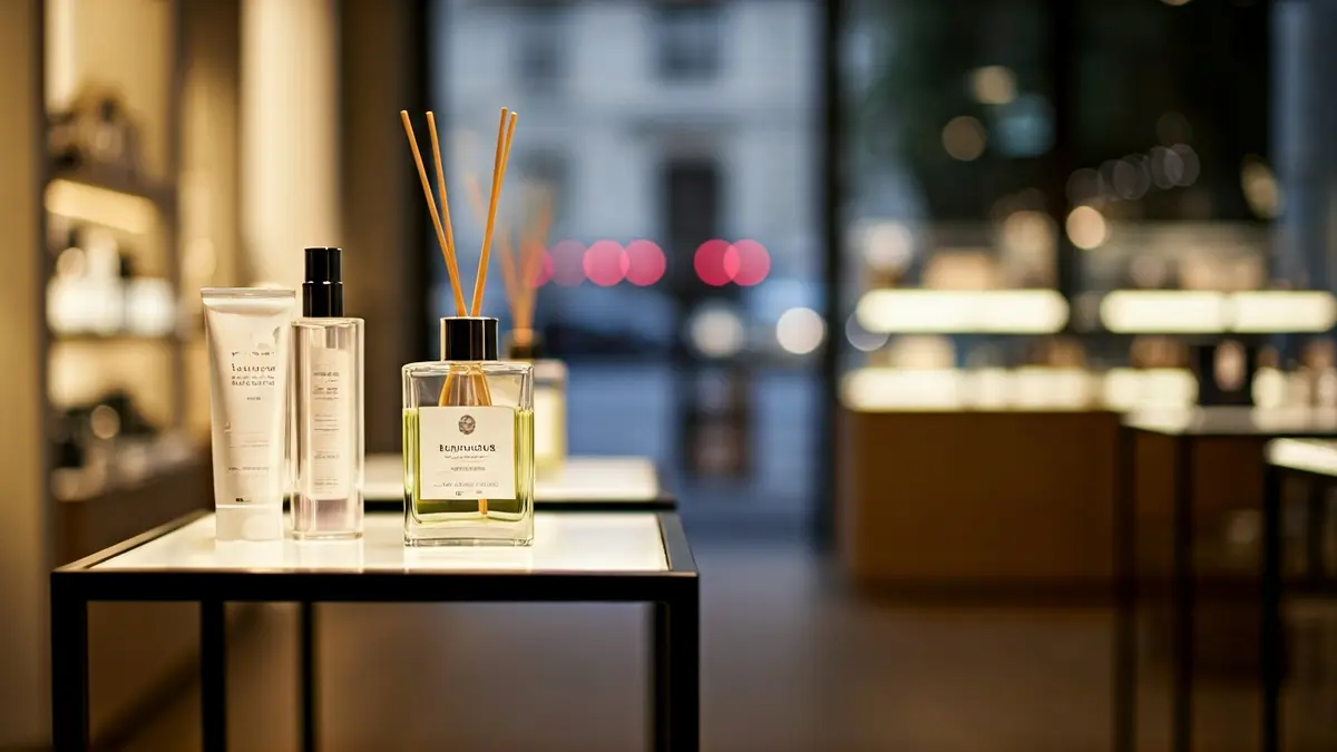 Irudi generikoa denda moderno baten barrualde dotorearena, argiztapen leunarekin eta produktu-erakusleiho dotoreekin.