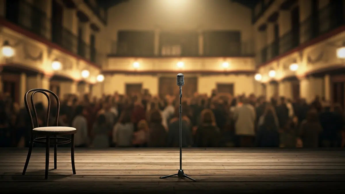 Irudi generikoa antzoki bateko eszenatokiarena, mikrofono zahar batekin eta aulki huts batekin, emakumeen ahotsak eta memoria irudikatuz.