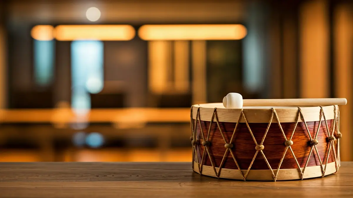 Generic image: a traditional Basque pandero on a wooden surface, with a blurred background of a modern office.