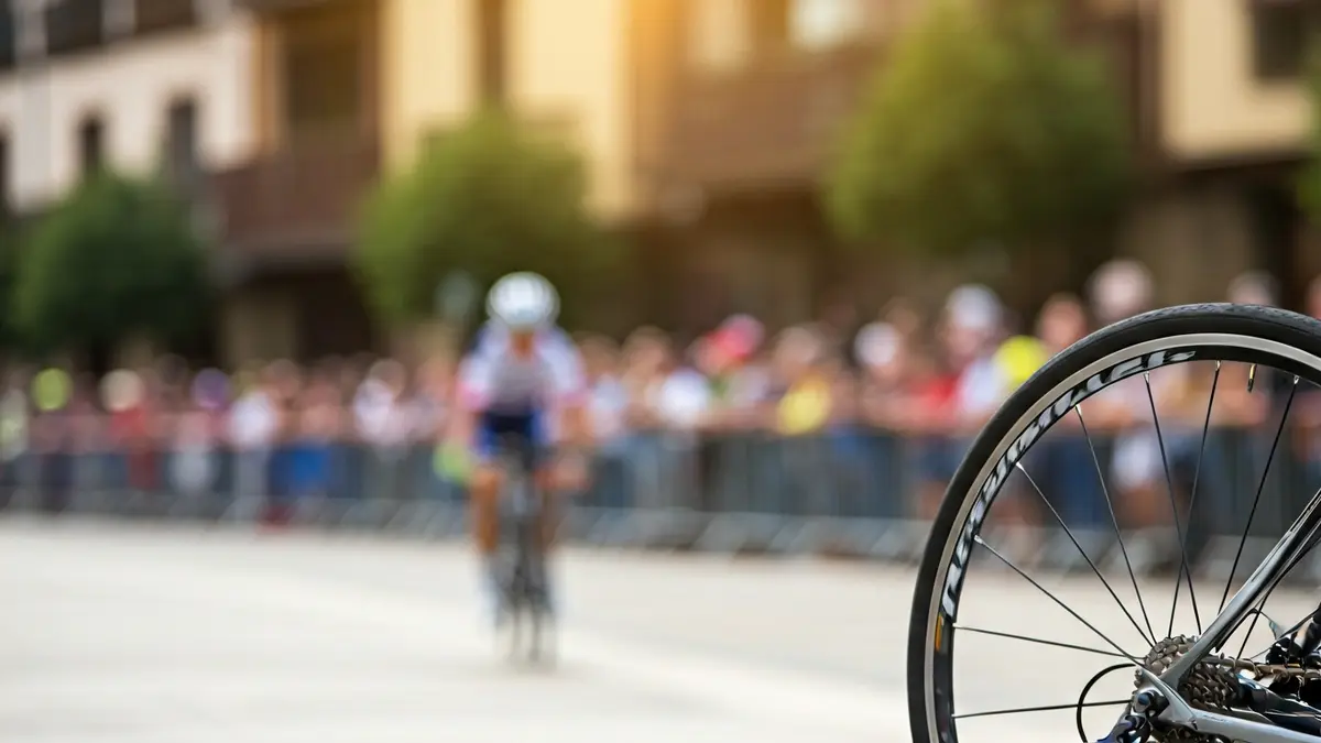 Start of a cycling race, with crowds and urban buildings in the background.