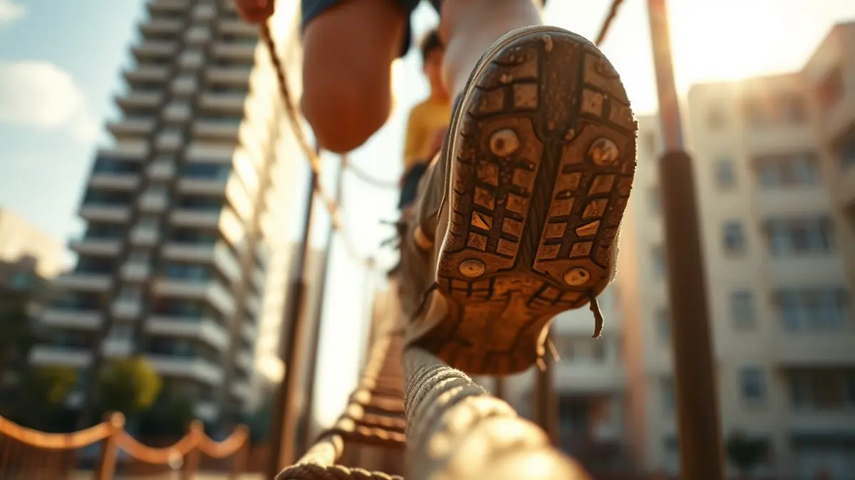 Close-up of an obstacle course race participant's muddy shoe on a rope ladder, with a blurred urban background.