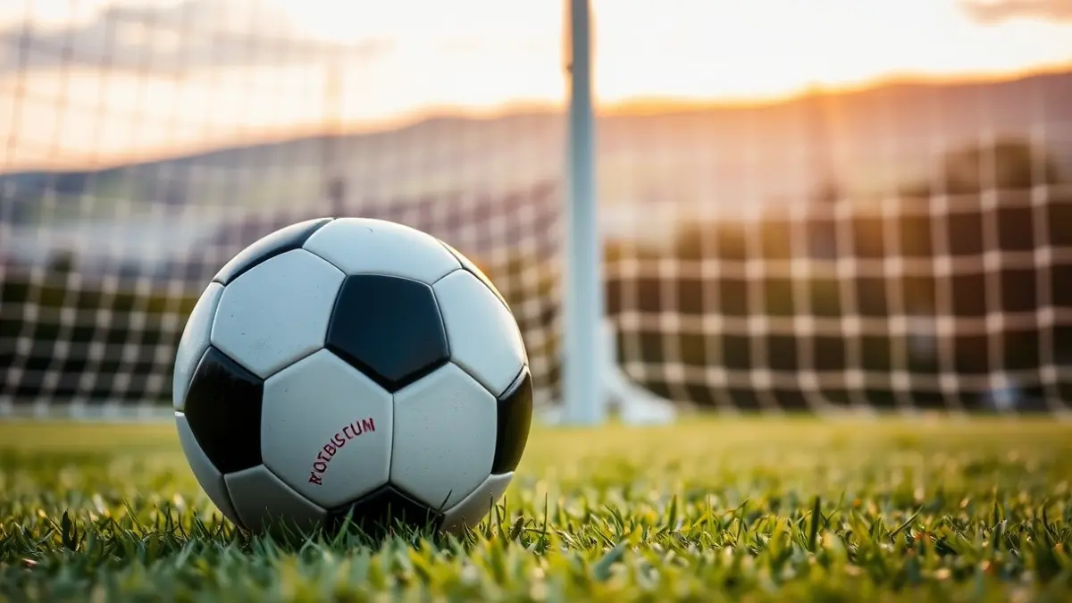 Generic image of a soccer ball resting on freshly cut grass, with a blurred white goal net in the background.
