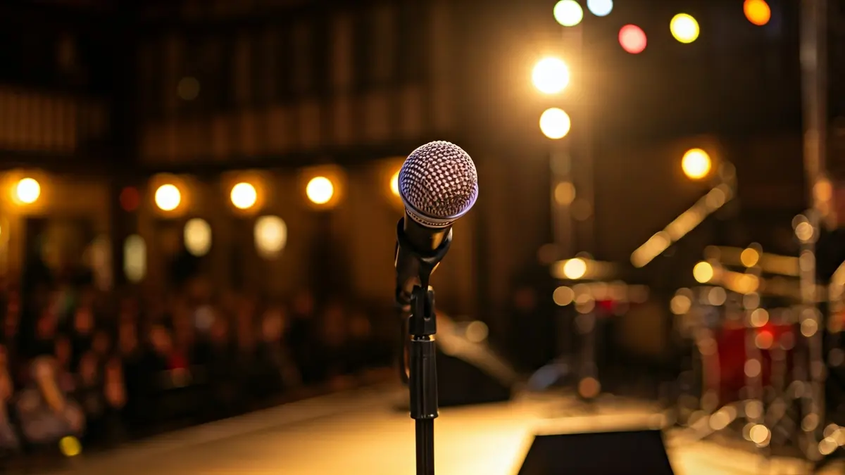 Imagen genérica de un micrófono en un escenario, antes de un concierto.